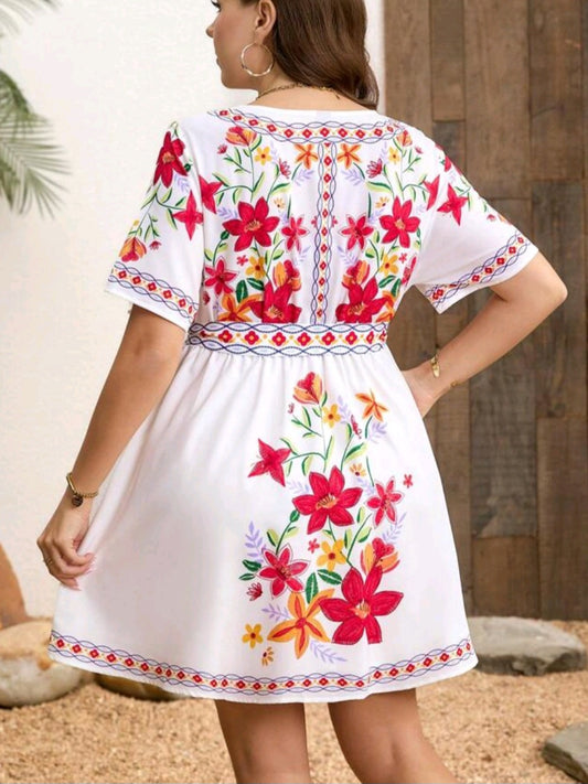 C#3323 Floral Print V-Neck Tie-Up Dress