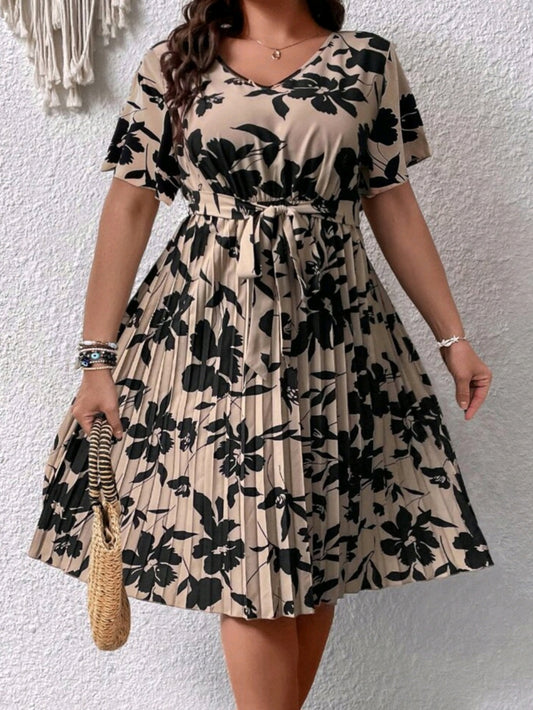 C#6299 Floral Print Belted Pleated Hem Dress