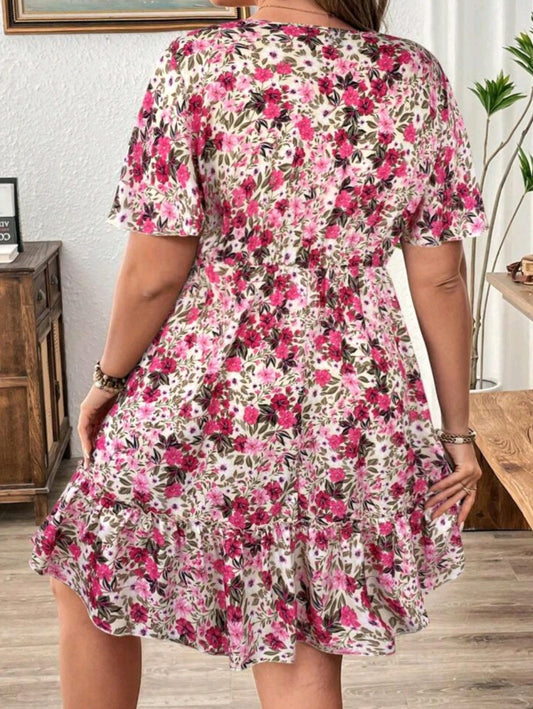 C#4142 Ditsy Floral V-Neck Short Sleeve Dress With Button Decor