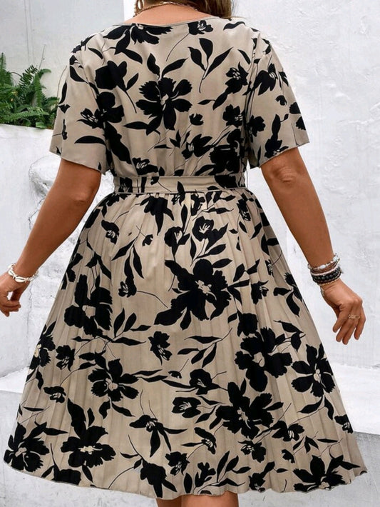 C#6299 Floral Print Belted Pleated Hem Dress