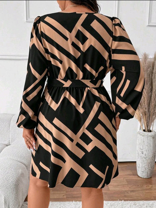 C#4635 V-Neck Long Sleeve Fashion Tie Waist All-Over Print Design Dress