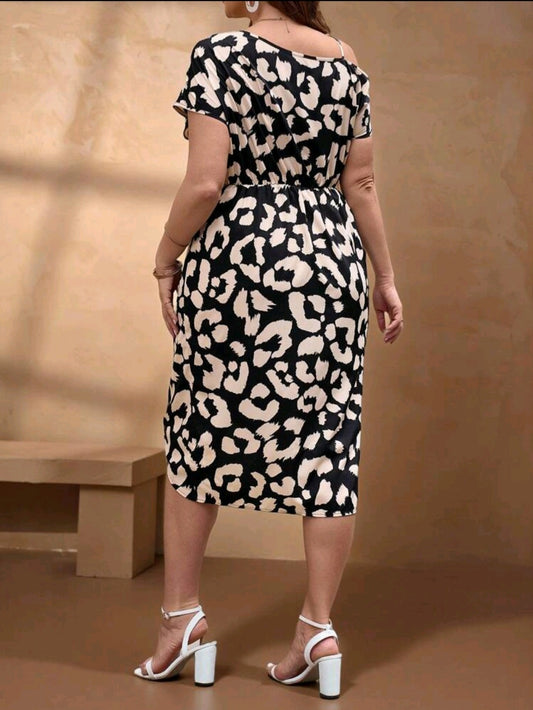 C#9776 Elegant Metal Decor Leopard Printed Strappy Dress