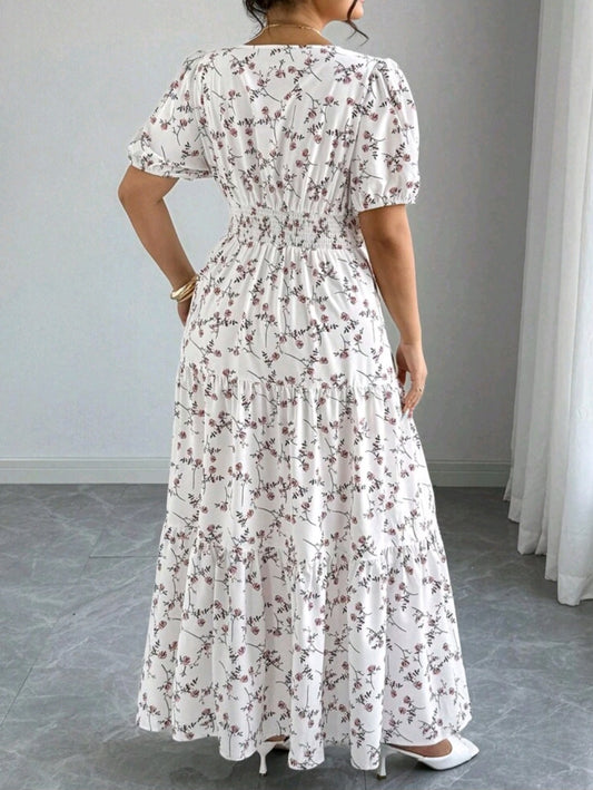 C#7567 Bubble Sleeve Crossed V-Neck Waisted A-Line Long Elegant Dress
