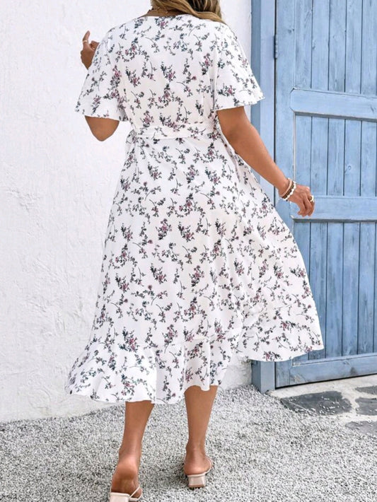 C#5424 Floral Print Overlap V-Neck Short Puff Sleeve Ruffle Dress