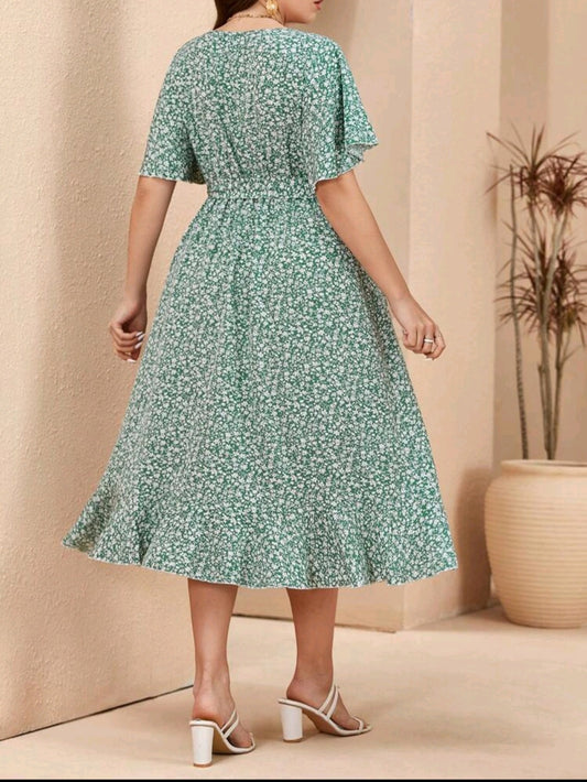 C#3341 Floral V-Neck Flounce Sleeve Dress