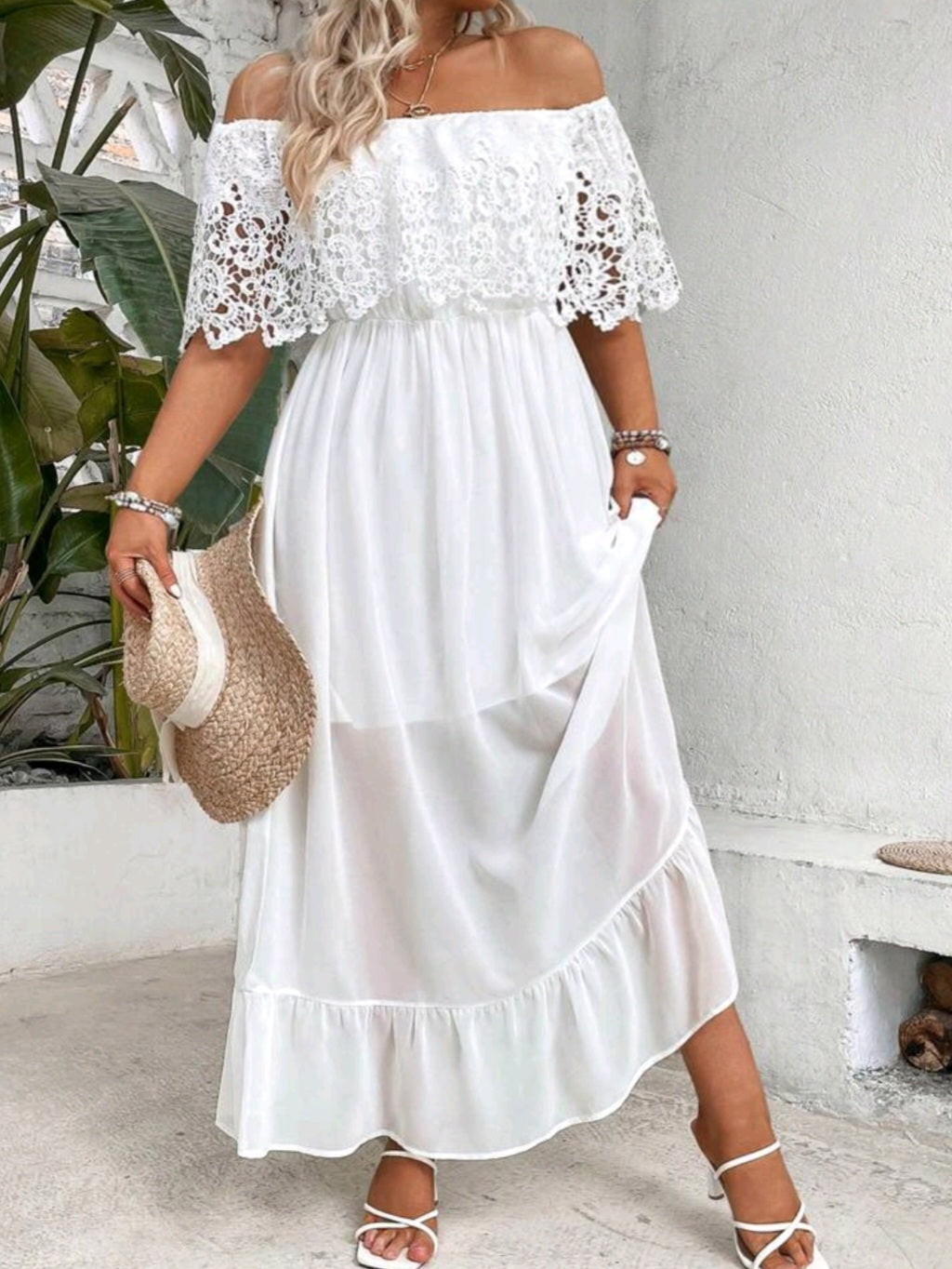 Contrast Lace Off Shoulder Ruffle Hem Dress