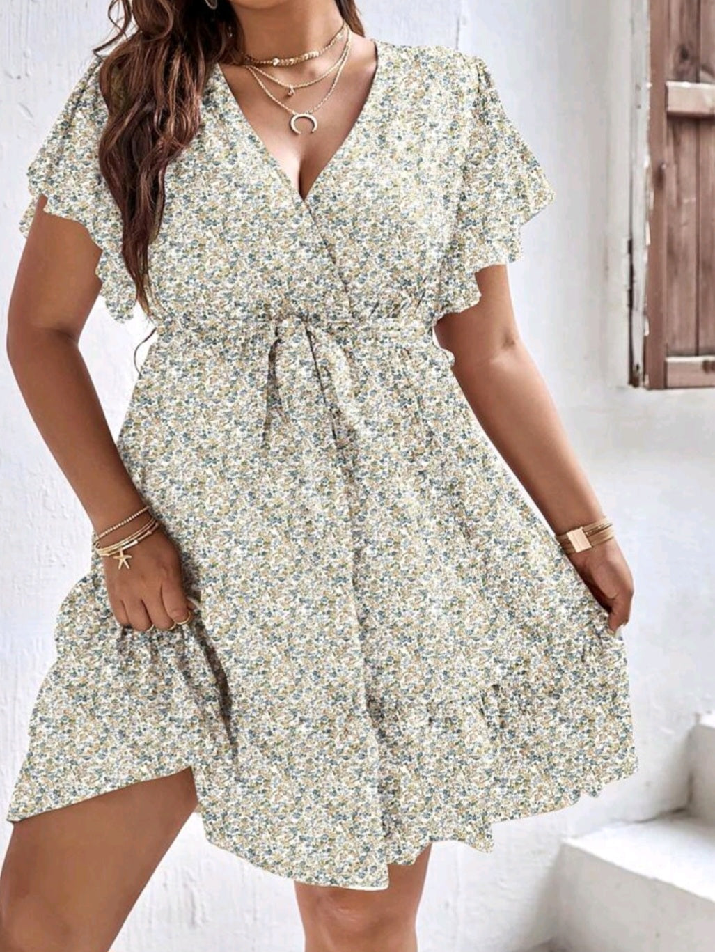 Butterfly Sleeve Ruffle Hem Belted Dress