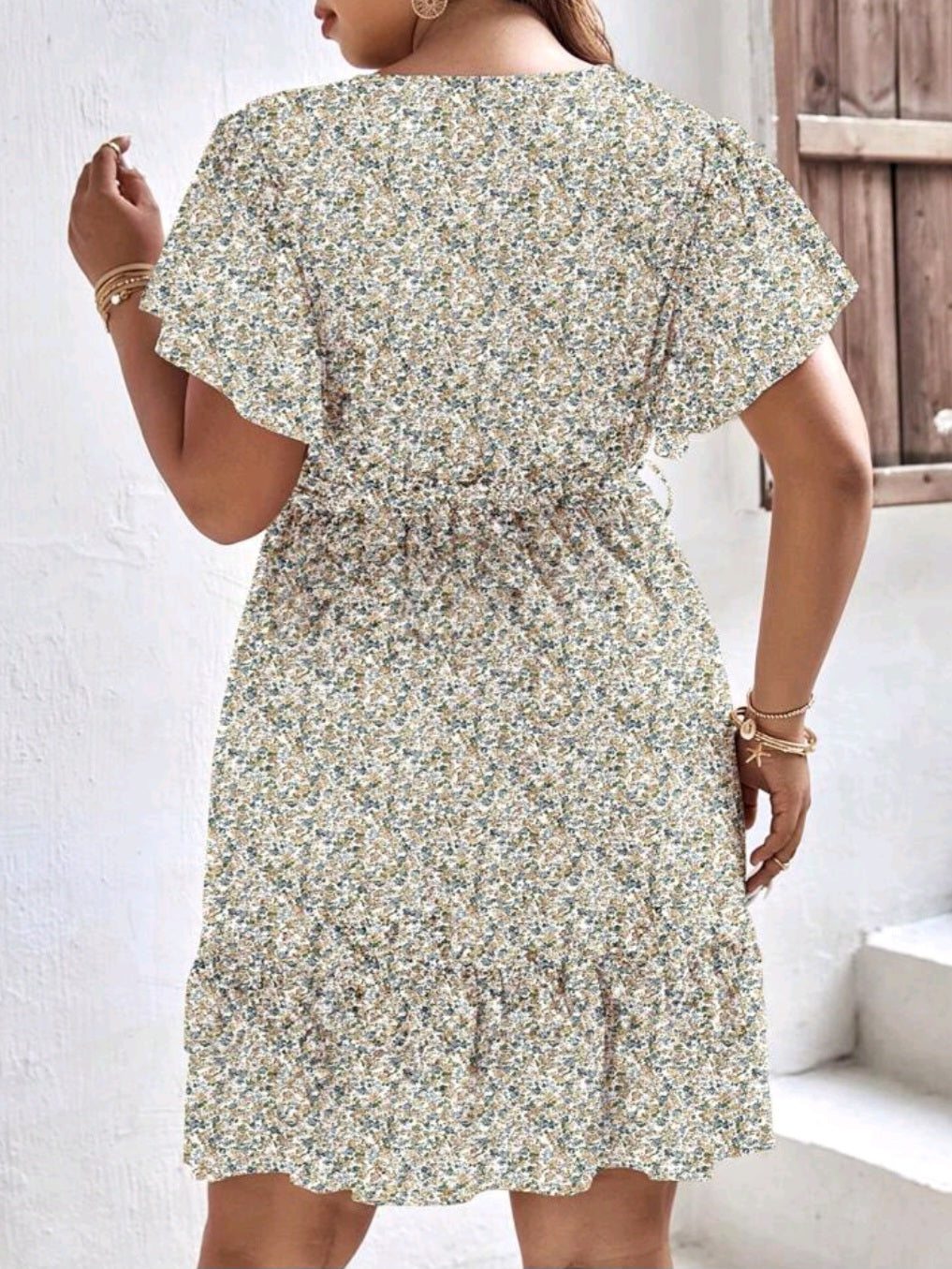 Butterfly Sleeve Ruffle Hem Belted Dress