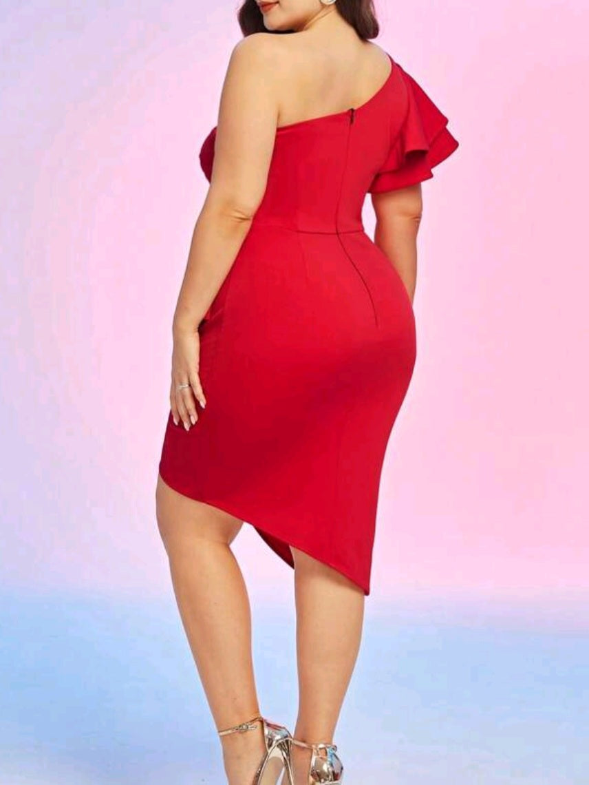 One Shoulder Ruffle Trim Wrap Hem Dress