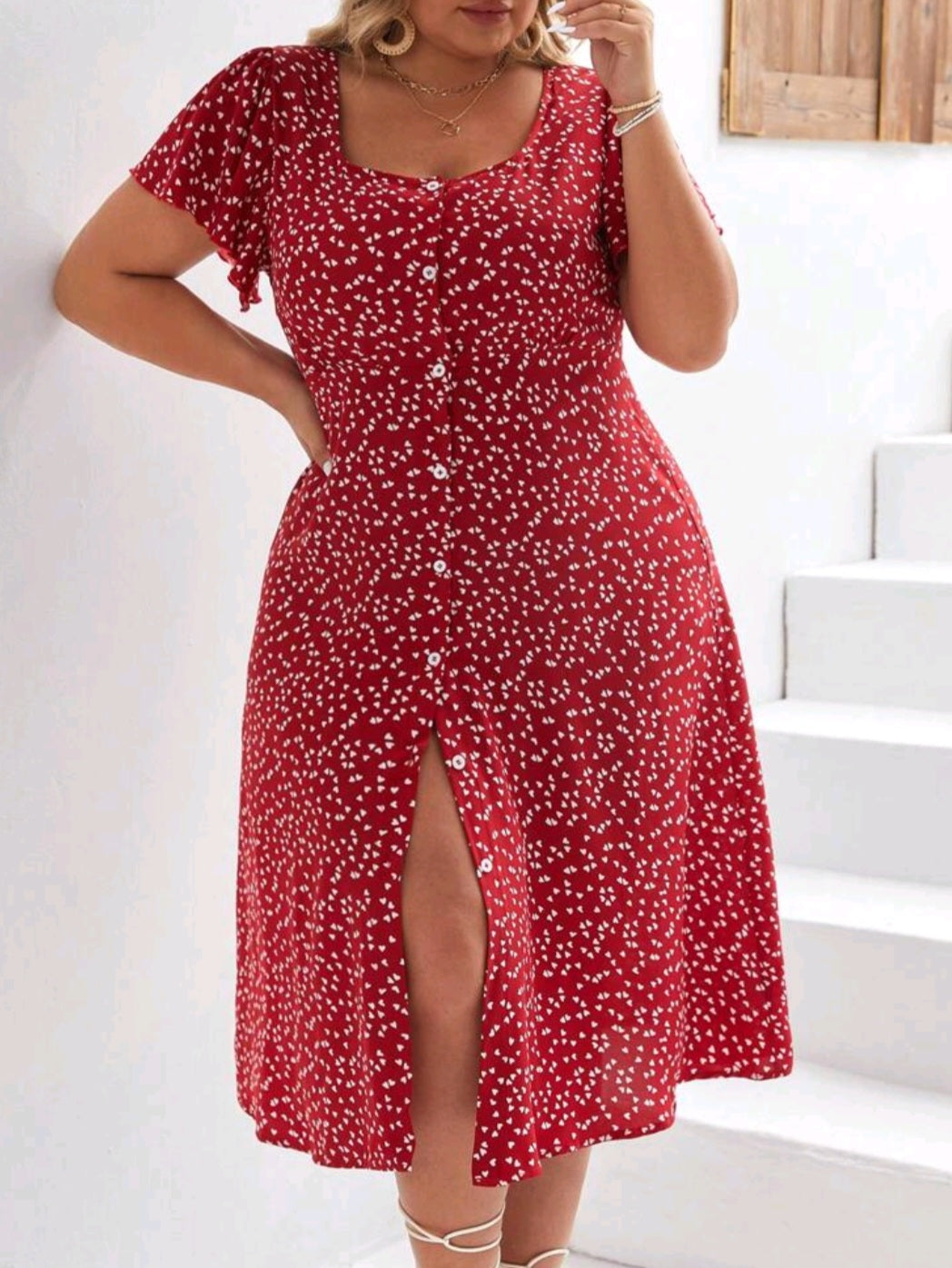 Heart Print Butterfly Sleeve Button Front Dress