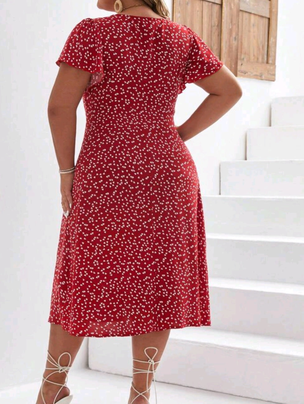 Heart Print Butterfly Sleeve Button Front Dress