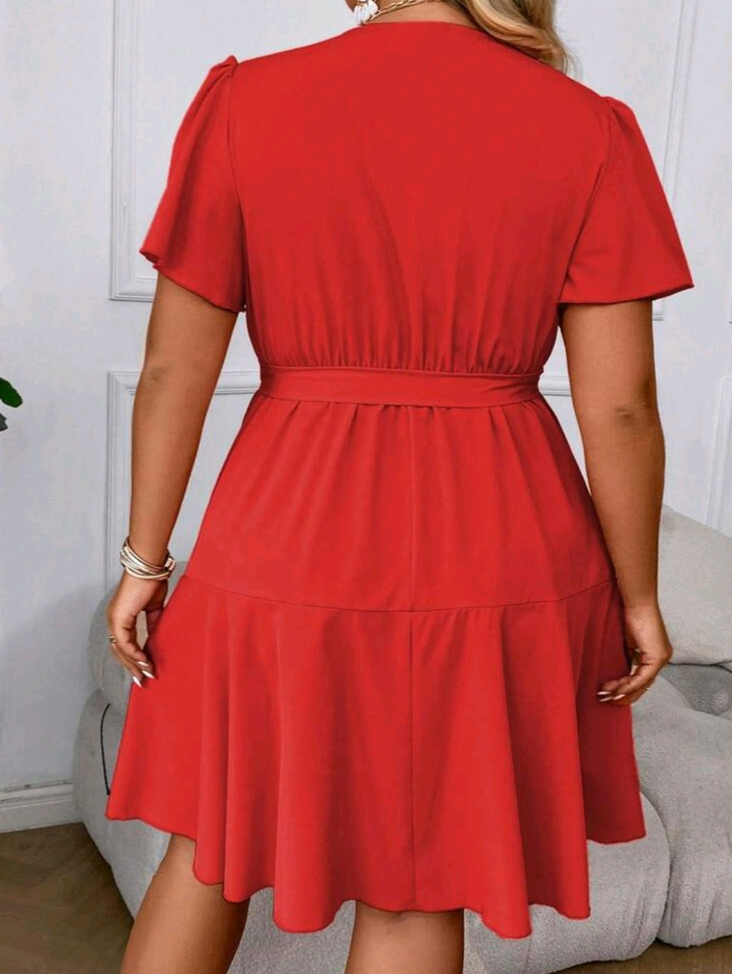 Ruffle Trim Wrap Hem Belted Dress