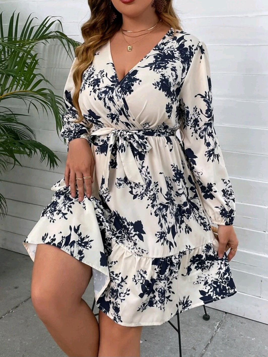 Lantern Sleeve Ruffle Hem Belted Dress