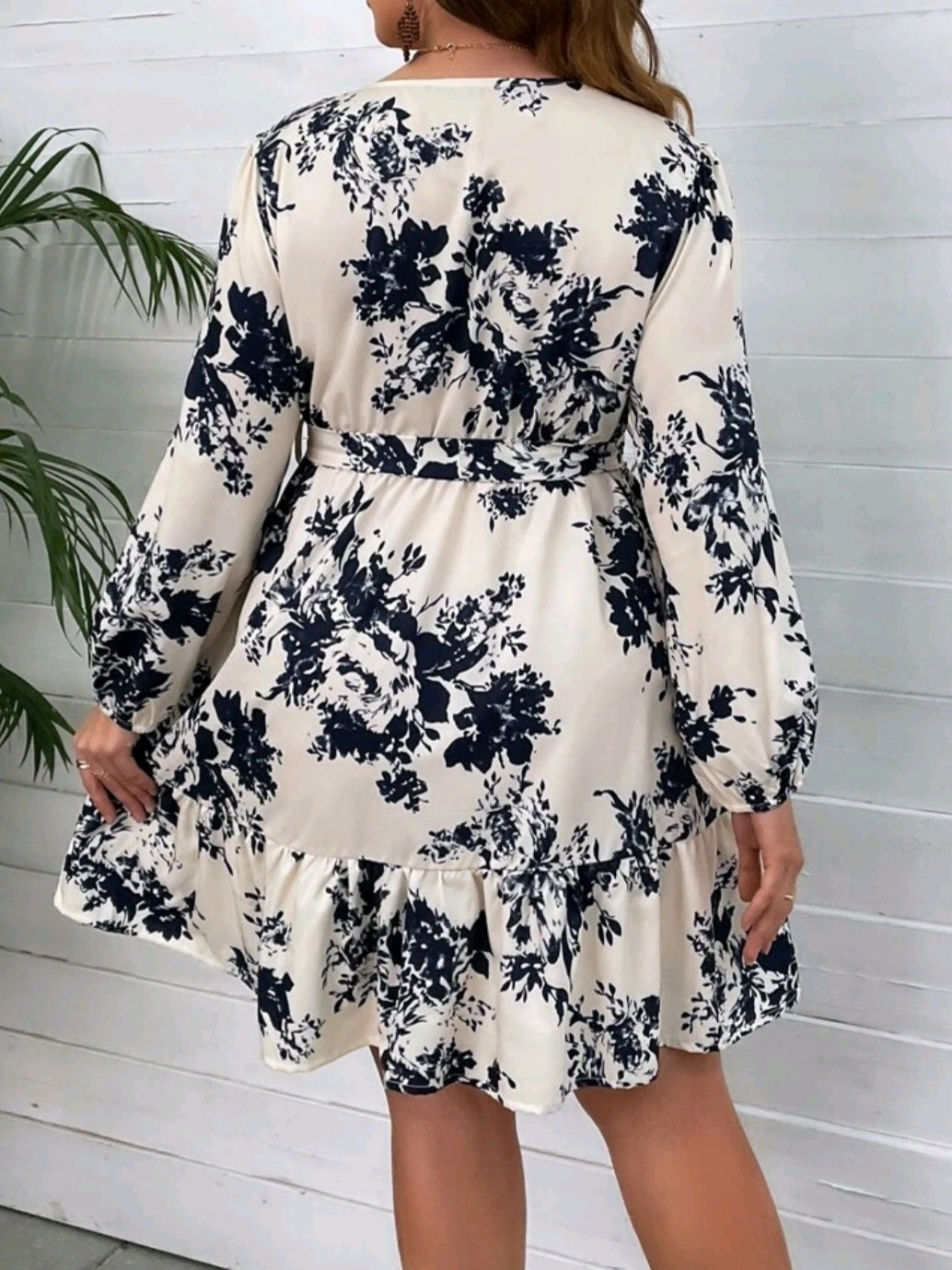 Lantern Sleeve Ruffle Hem Belted Dress