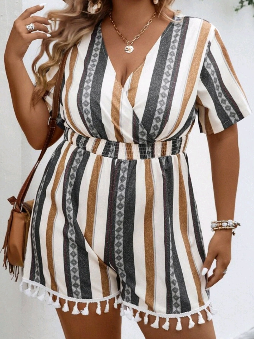 Striped Tassel Trim Romper