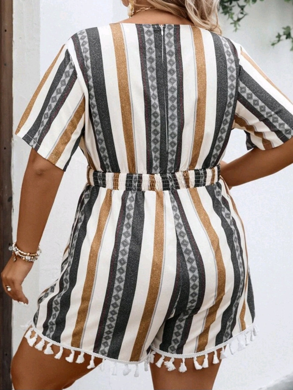 Striped Tassel Trim Romper