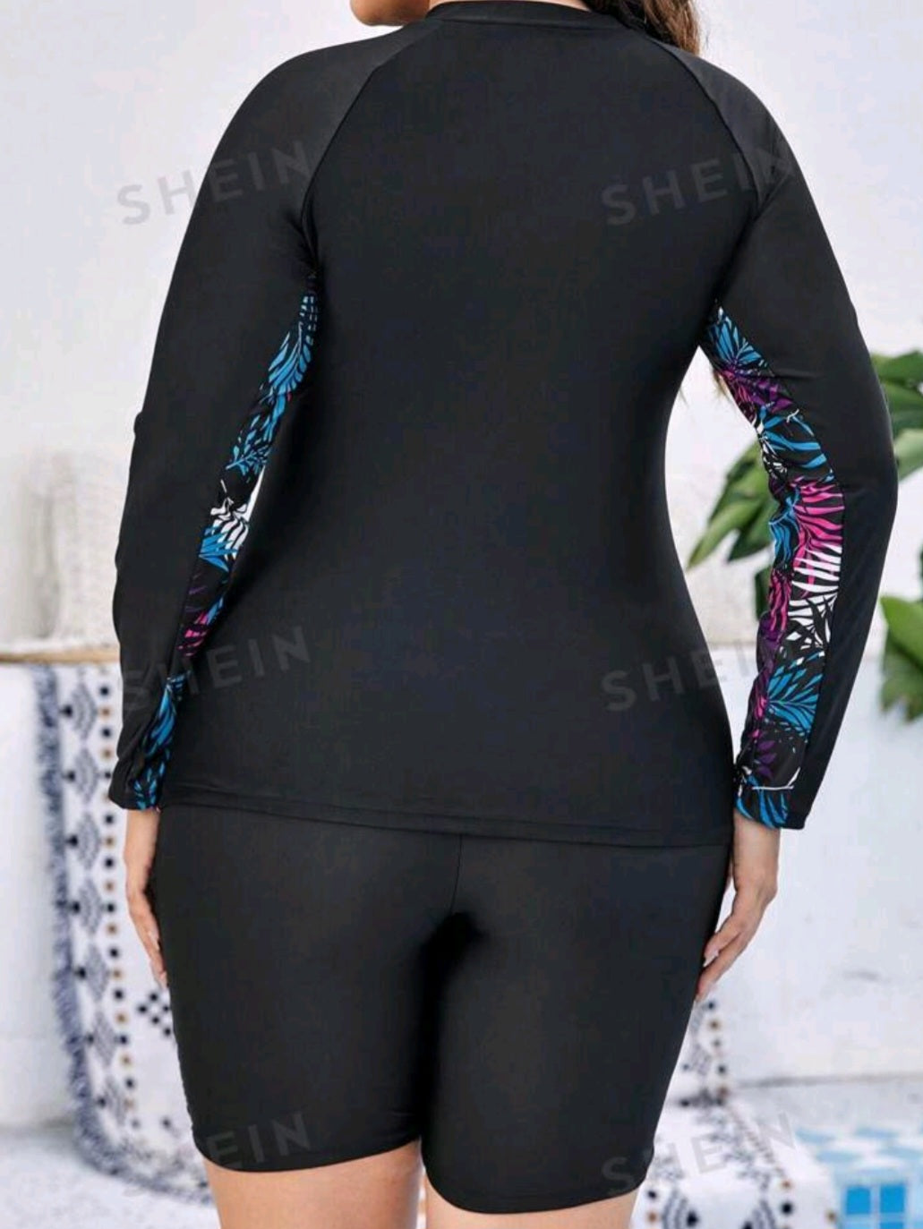Tropical Print Bikini Swimsuit With Long Sleeve