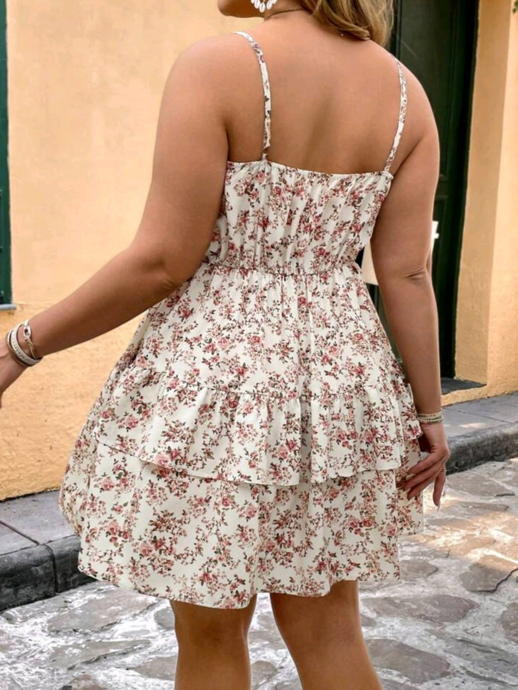 #8666 Romantic Apricot Ditsy Floral Patchwork Waist Lace Trim Dress