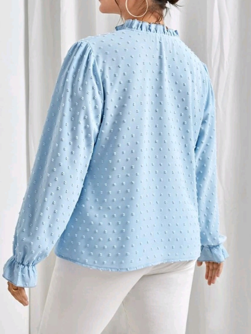 Swiss Dot Frill Trim Flounce Sleeve Blouse