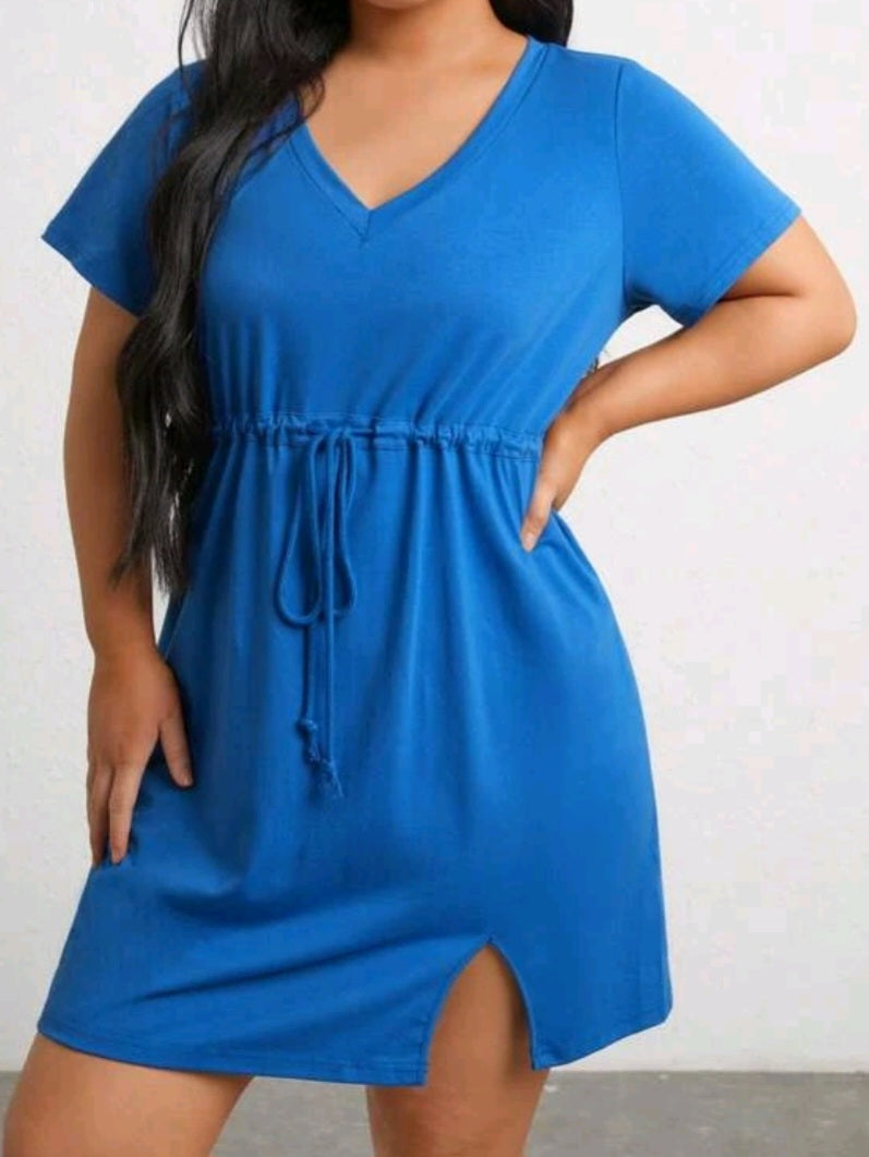 Plus Drawstring Waist Split Hem Dress *COTTON