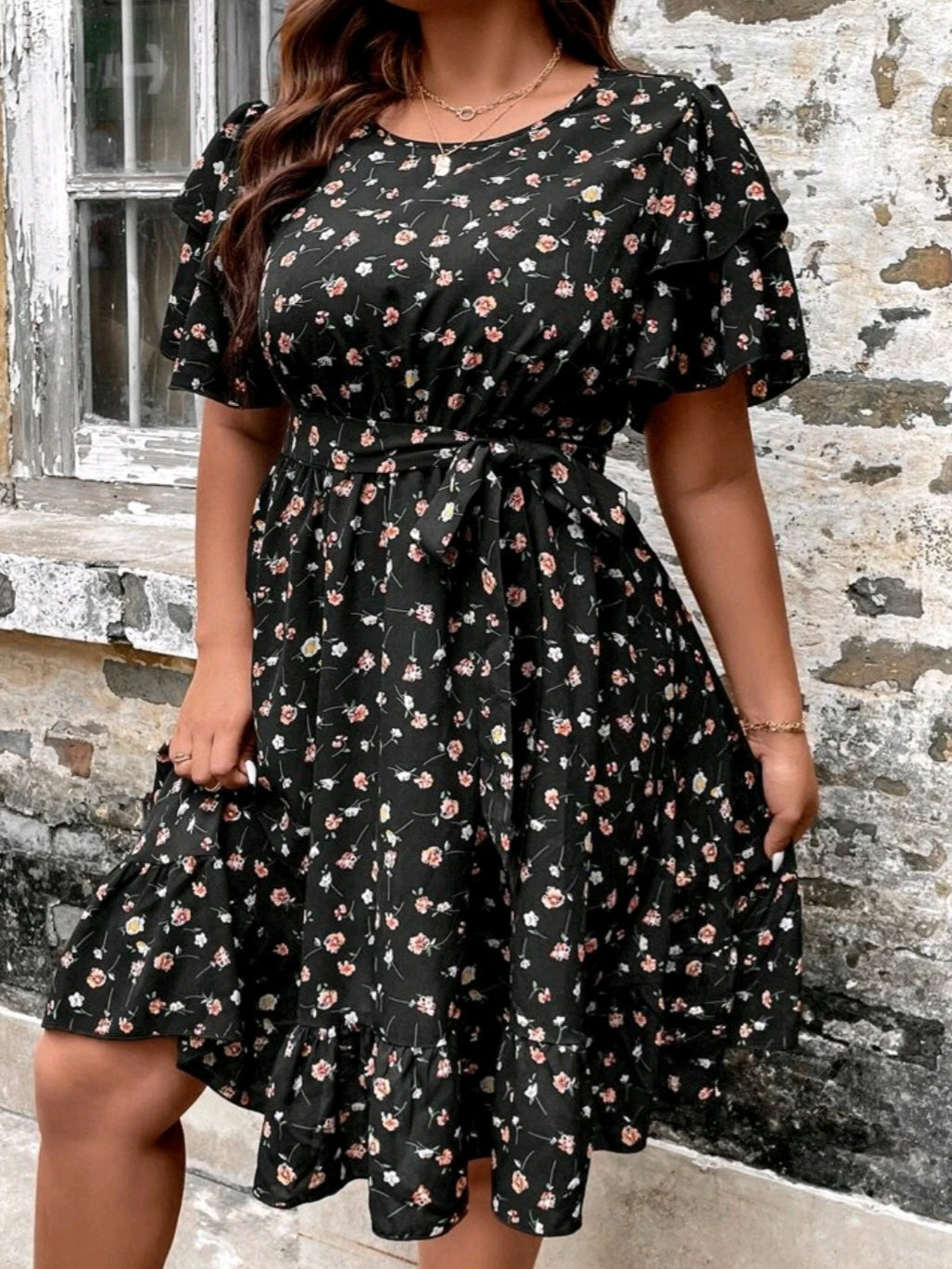 Butterfly Sleeve Ruffle Hem Belted Dress