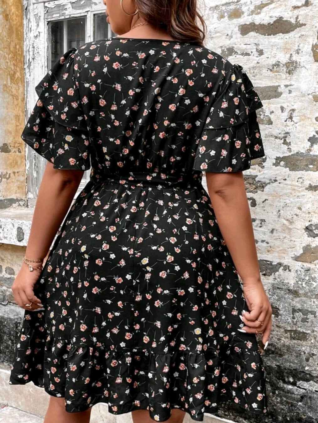 Butterfly Sleeve Ruffle Hem Belted Dress