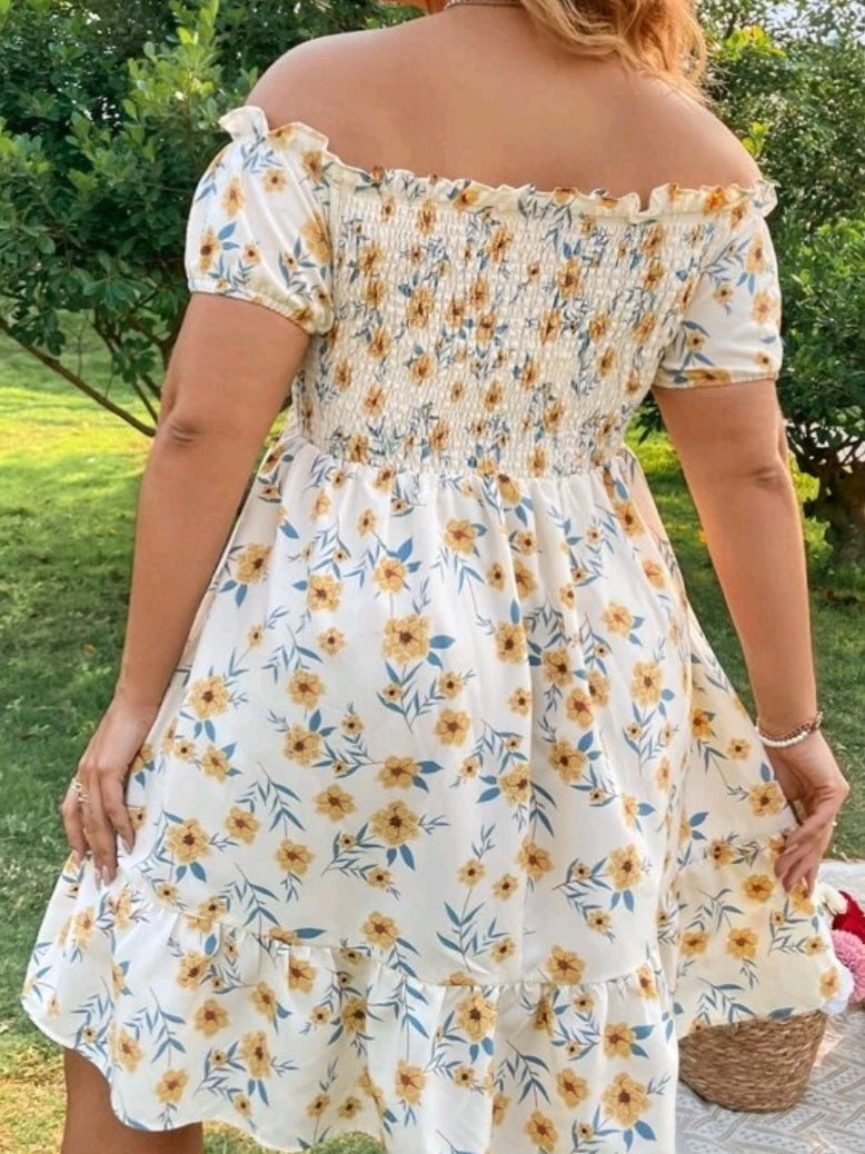 Off Shoulder Shirred Ruffle Hem Dress