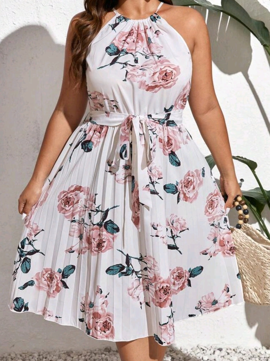 Pleated Hem Belted Halter Dress