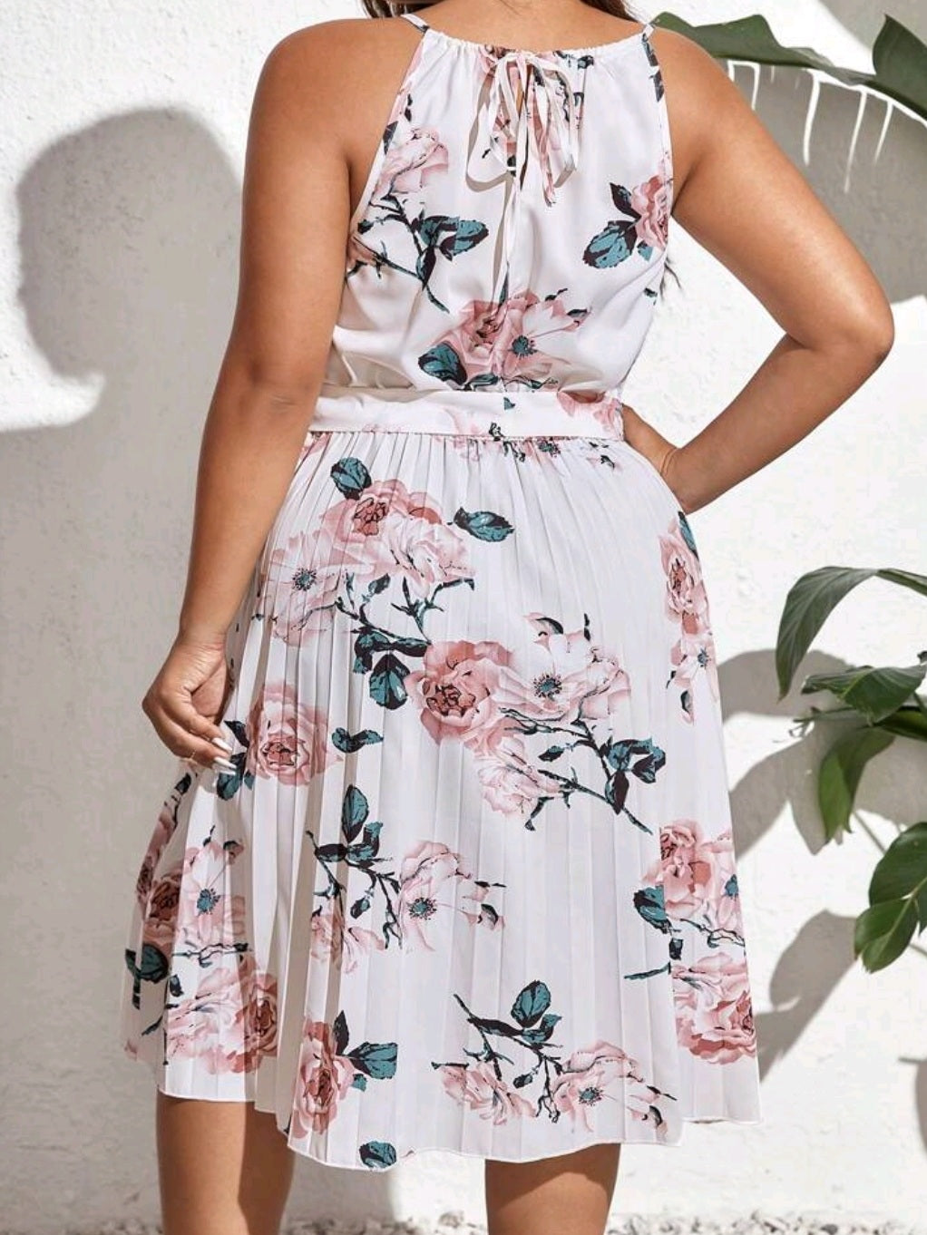 Pleated Hem Belted Halter Dress