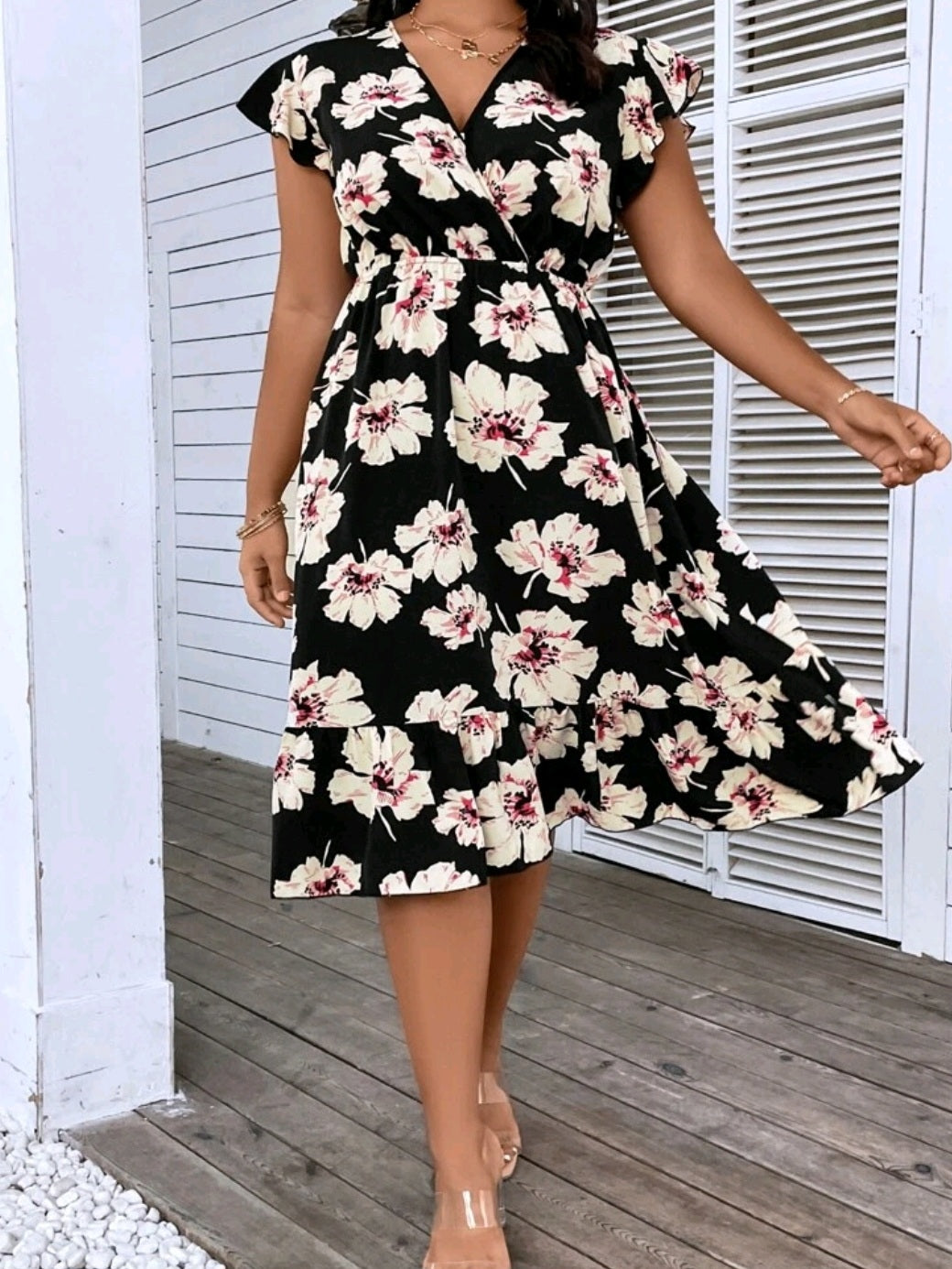 Butterfly Sleeve Overlap Collar Dress