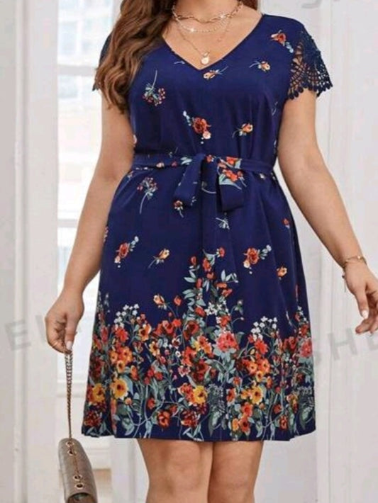 Floral Print Contrast Guipure Lace Belted Dress