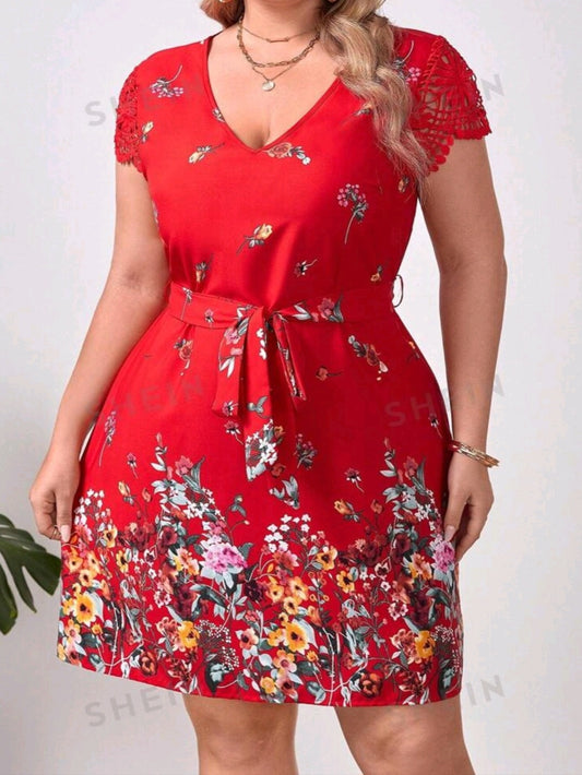 Floral Print Contrast Lace Belted Dress