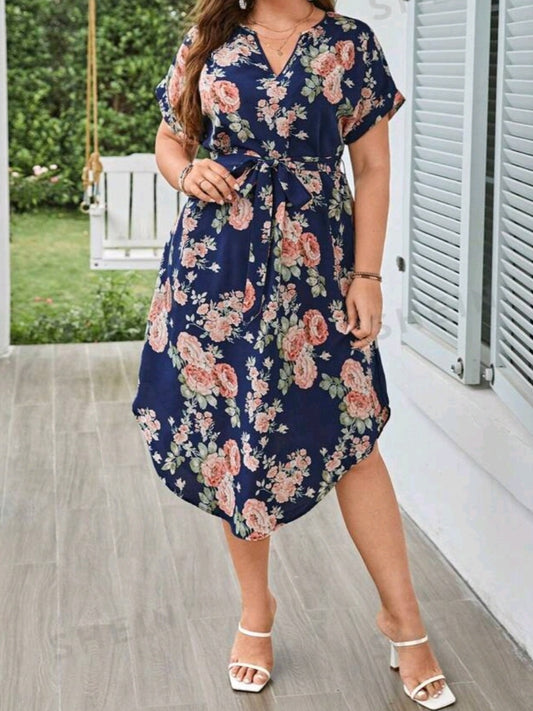 Floral Print Batwing Sleeve Belted Dress