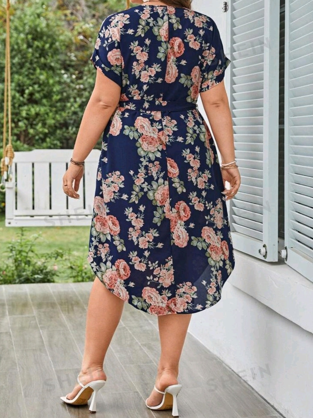 Floral Print Batwing Sleeve Belted Dress