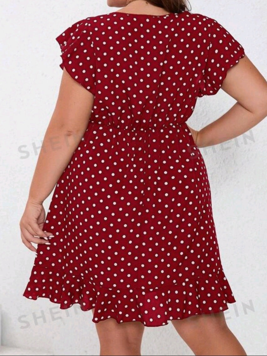 #5773 Polka Dot Print Round Neck Ruffle Sleeve Short Shift Dress