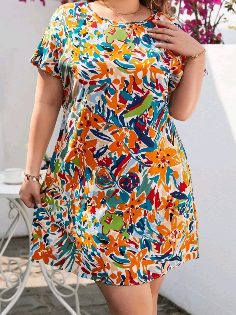 #5213 Floral Print Batwing Sleeve Tunic Dress