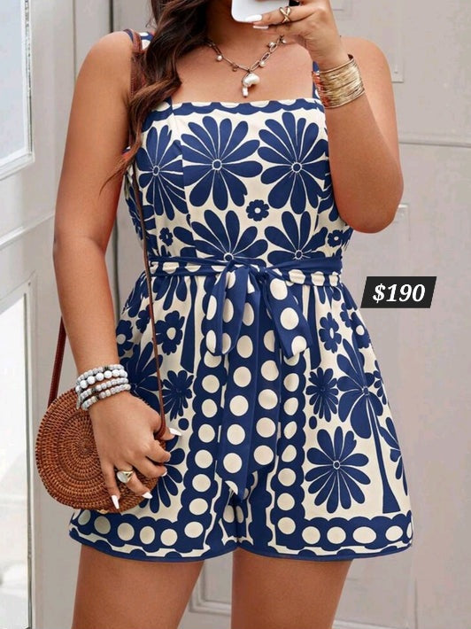 #1899 Random Printed Plus Size Belted Jumpsuit