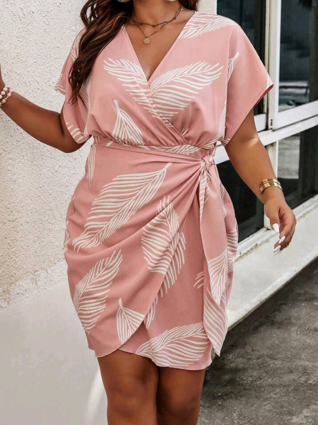 #2414 Leaf Print Batwing Sleeve Knot Side Wrap Dress