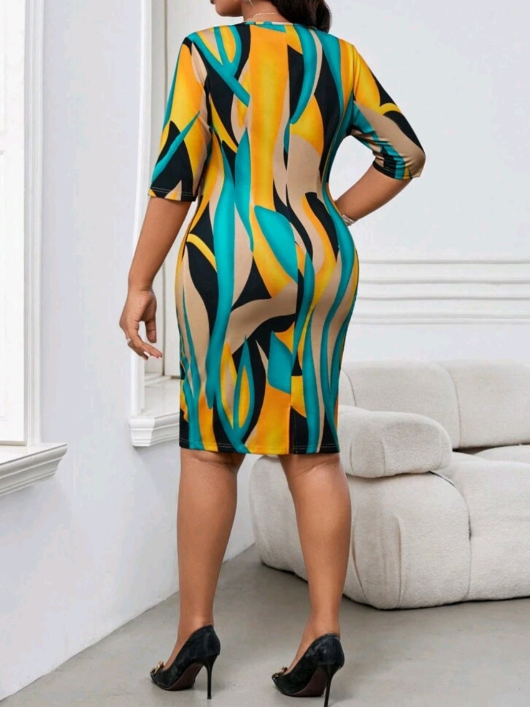 #9055 Colorful Asymmetric Pattern Knitted Neck Dress (STRETCH)