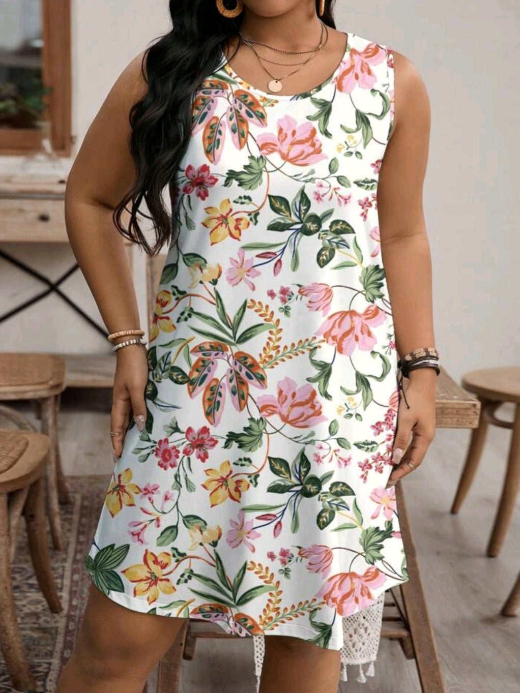 #5152 Floral Print Round Neck Sleeveless Dress (STRETCH)
