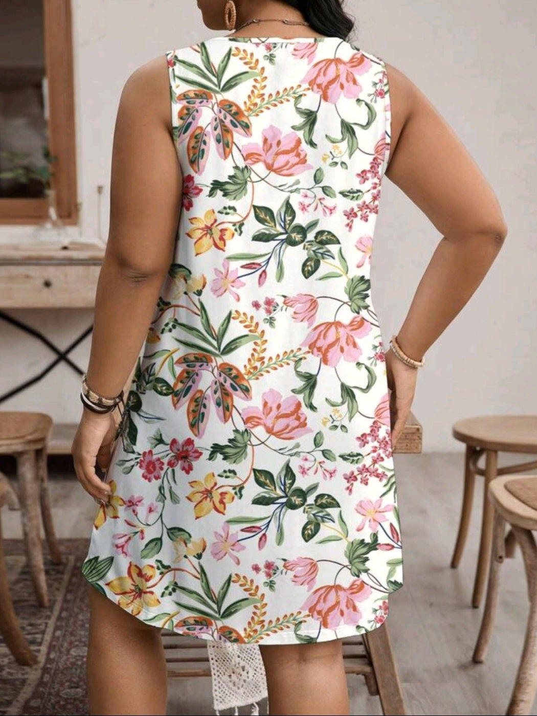 #5152 Floral Print Round Neck Sleeveless Dress (STRETCH)