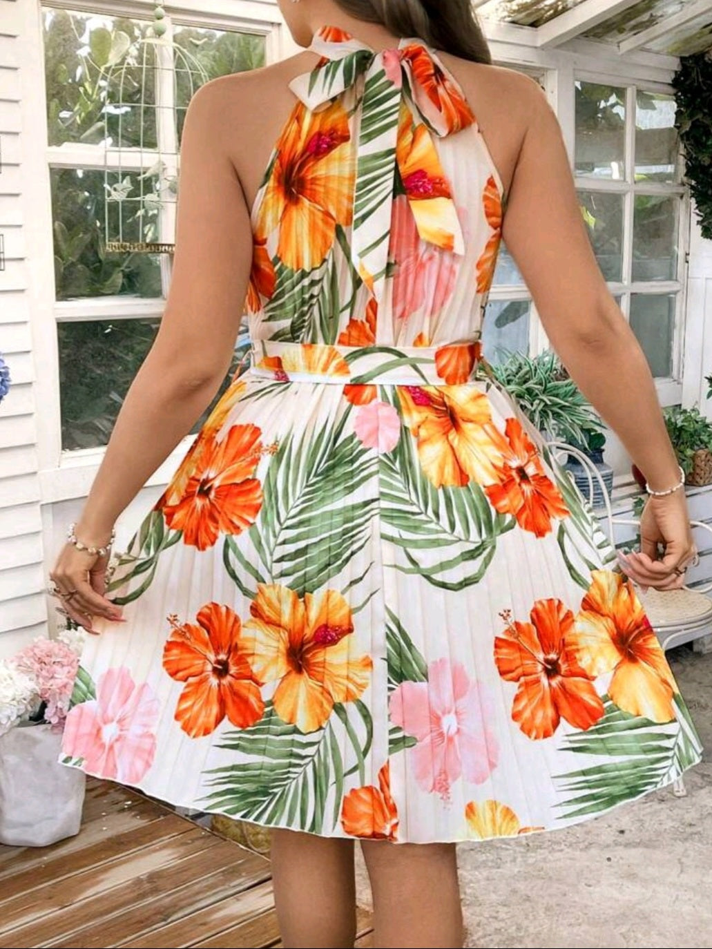 #1127 Halter Neck Ruched Floral Print Elegant Dress