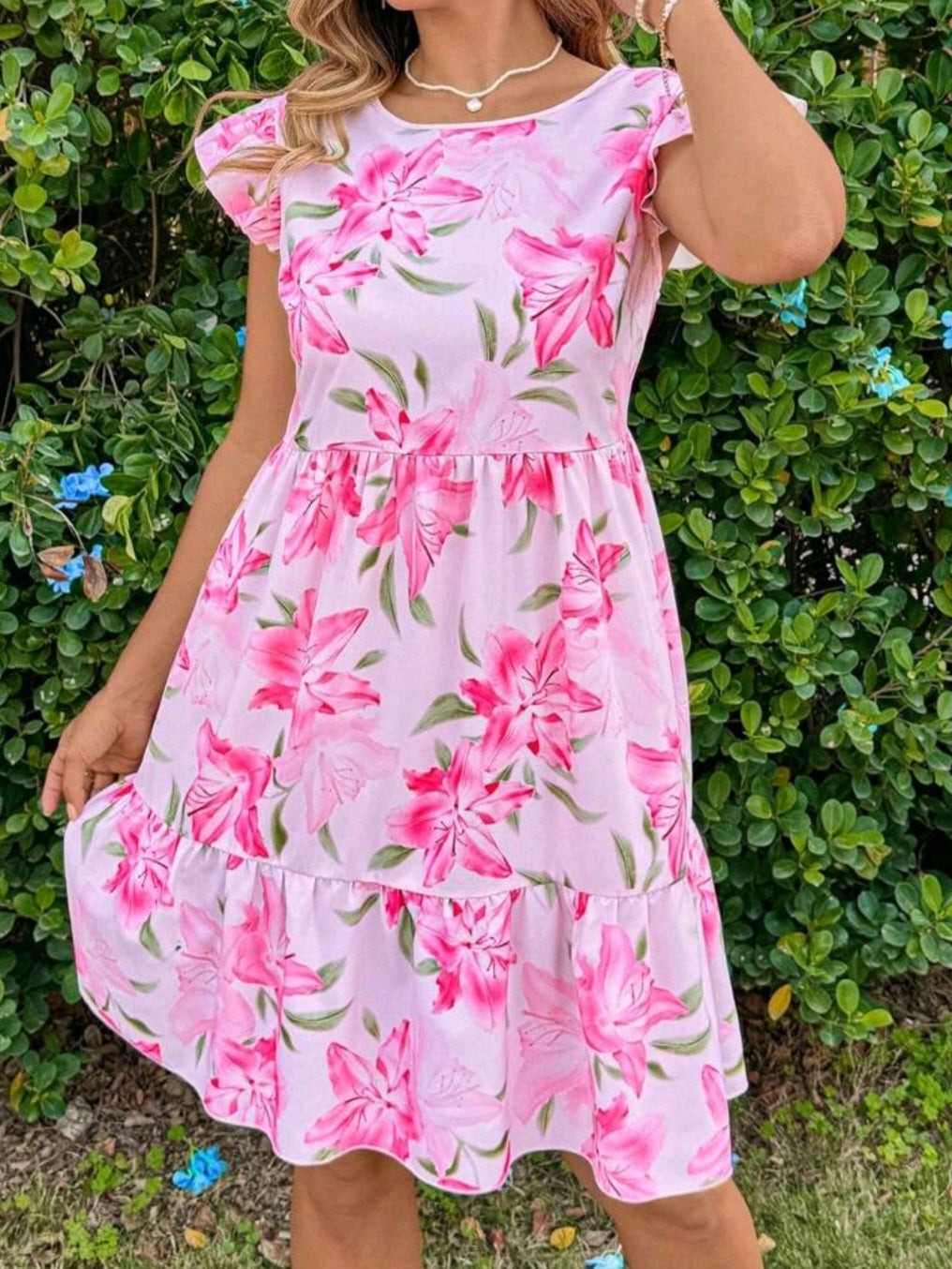#1883 Floral Print Round Neck Flared Sleeves Dress