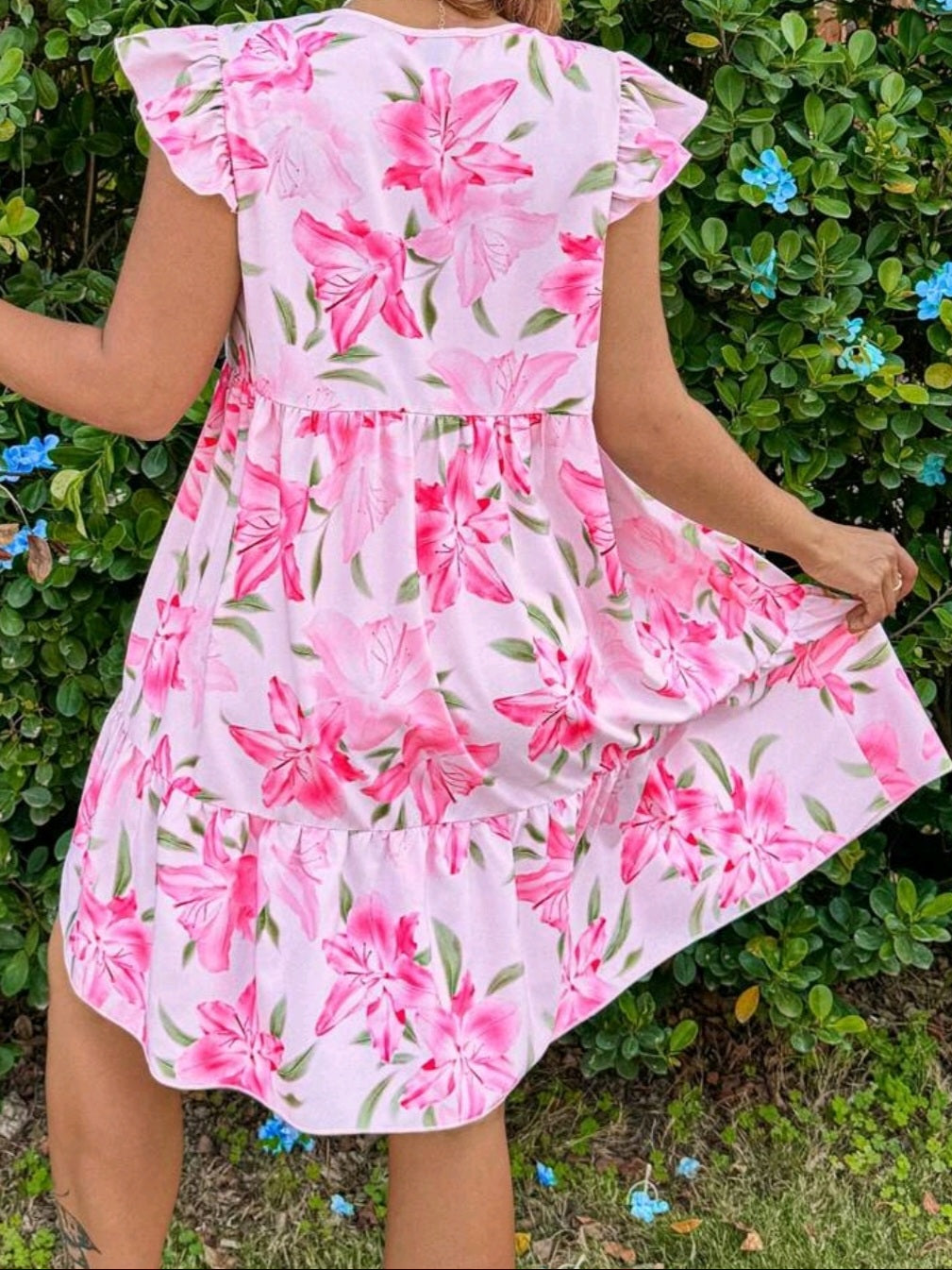 #1883 Floral Print Round Neck Flared Sleeves Dress