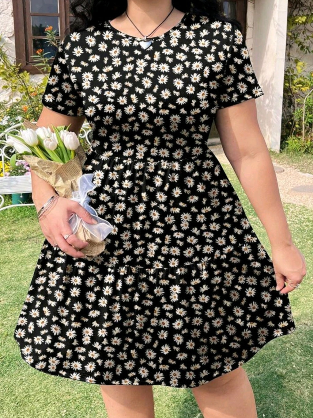 #8911 Short Sleeve Flora Print Loose Fit Dress