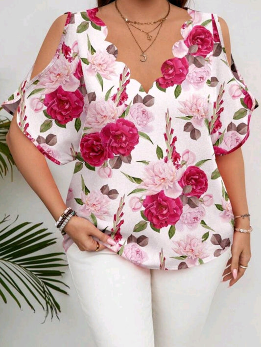 #6574 Elegant Floral Print Off Shoulder Dressy Blouse