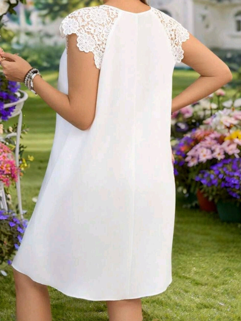 #3882 Lace Patchwork Floral Trim Casual Short Dress