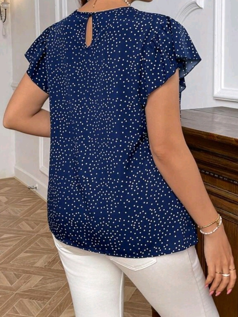 #4748 Polka Dot Print Ruffle Trim Shirt
