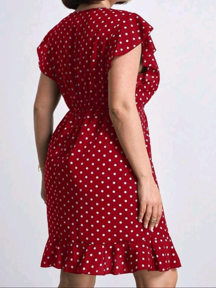 #5773 Polka Dot Print Round Neck Ruffle Sleeve Short Shift Dress