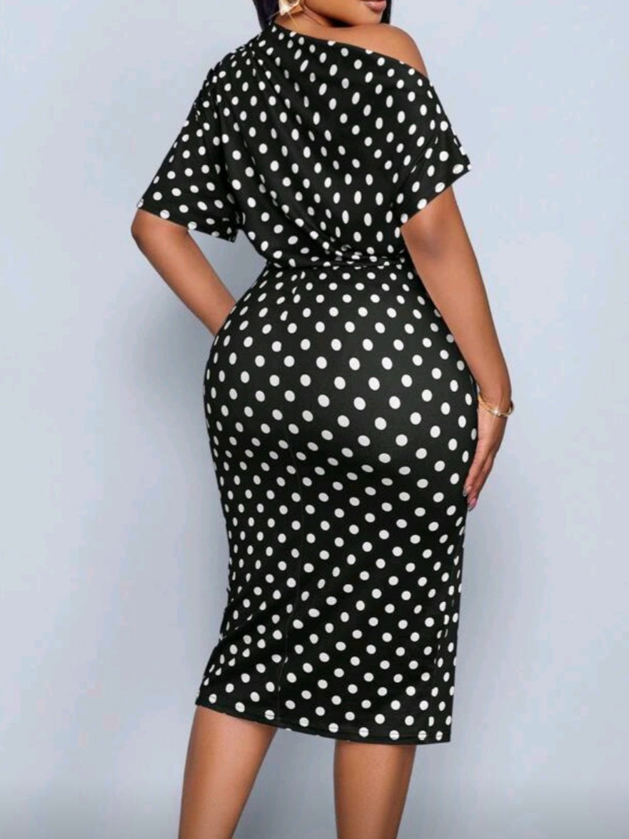 #8686 Polka Dot Off- Shoulder Dress